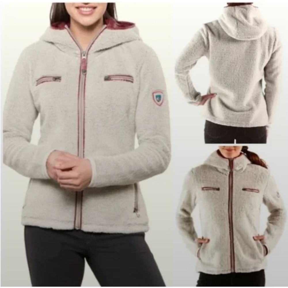 Kuhl Womens Flight Hoody Fleece Jacket Beige Red Full Zip Sherpa Medium‎